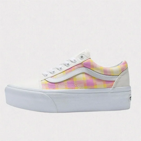 Vans Old Skool Stackform Pastel Picnic Platform Sneakers NIB Size 8.5 Pink Plaid - Picture 2 of 10